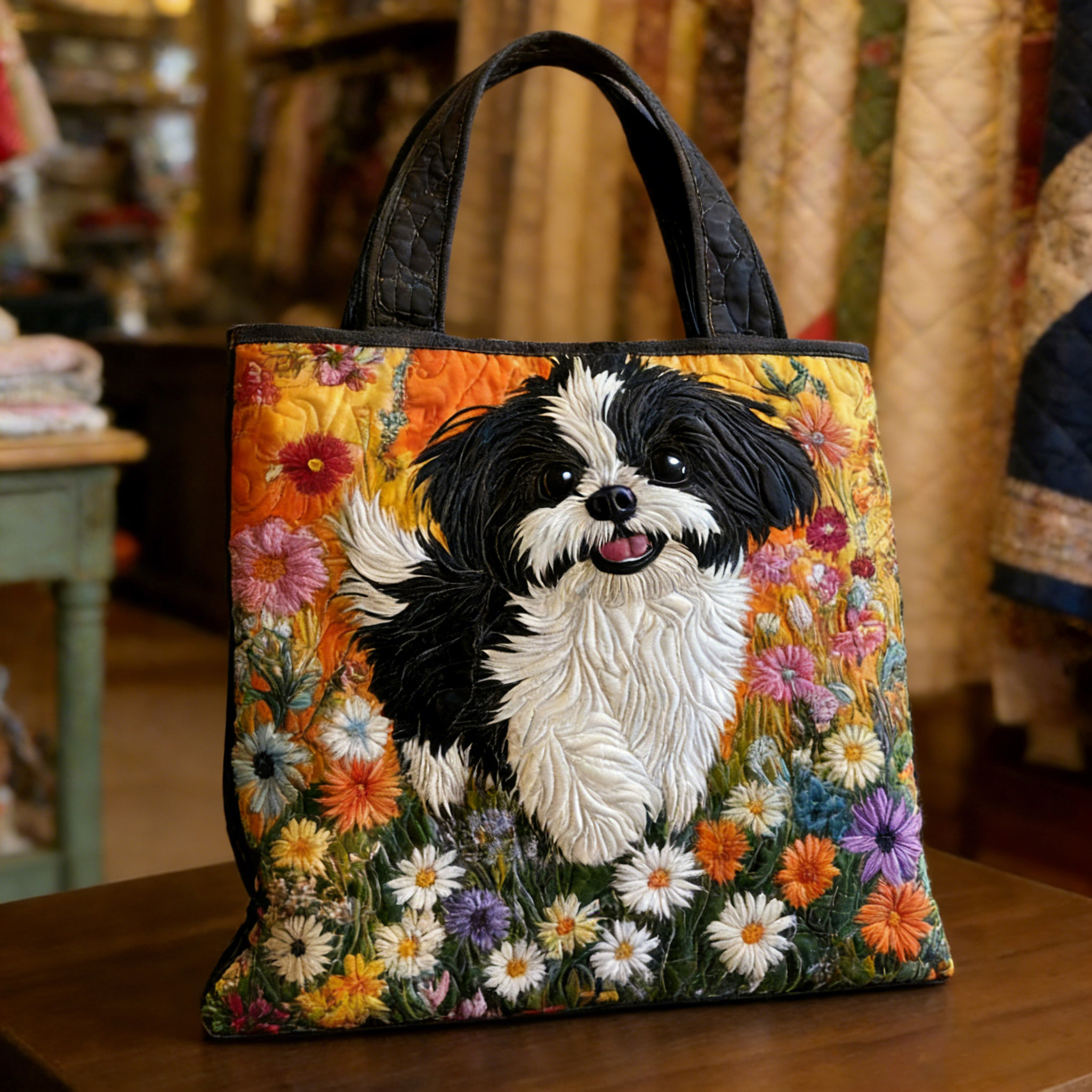 Shih Tzu and Flowers Handmade Tote Bag