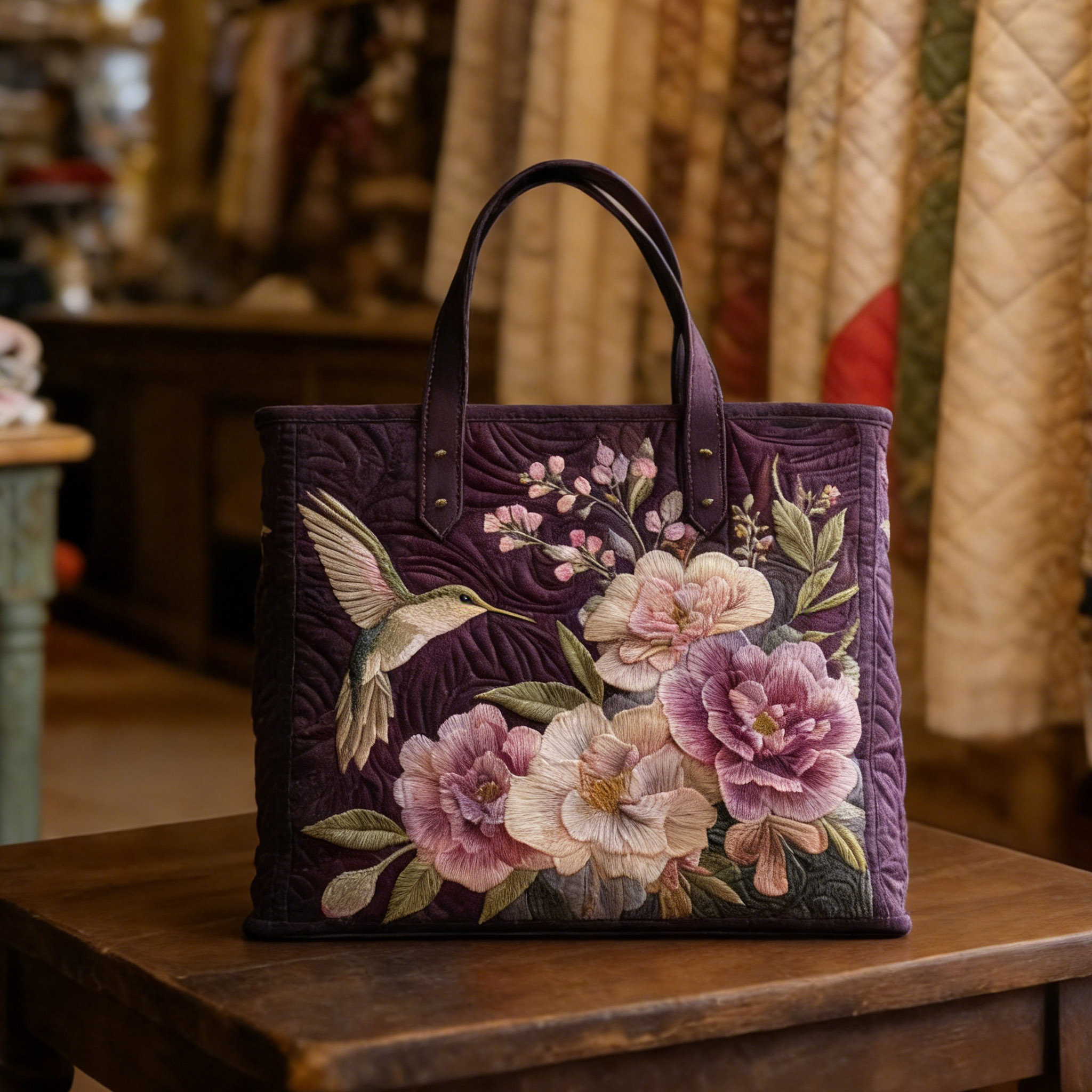 A purple quilted handbag embroidered with hummingbirds and orchids.