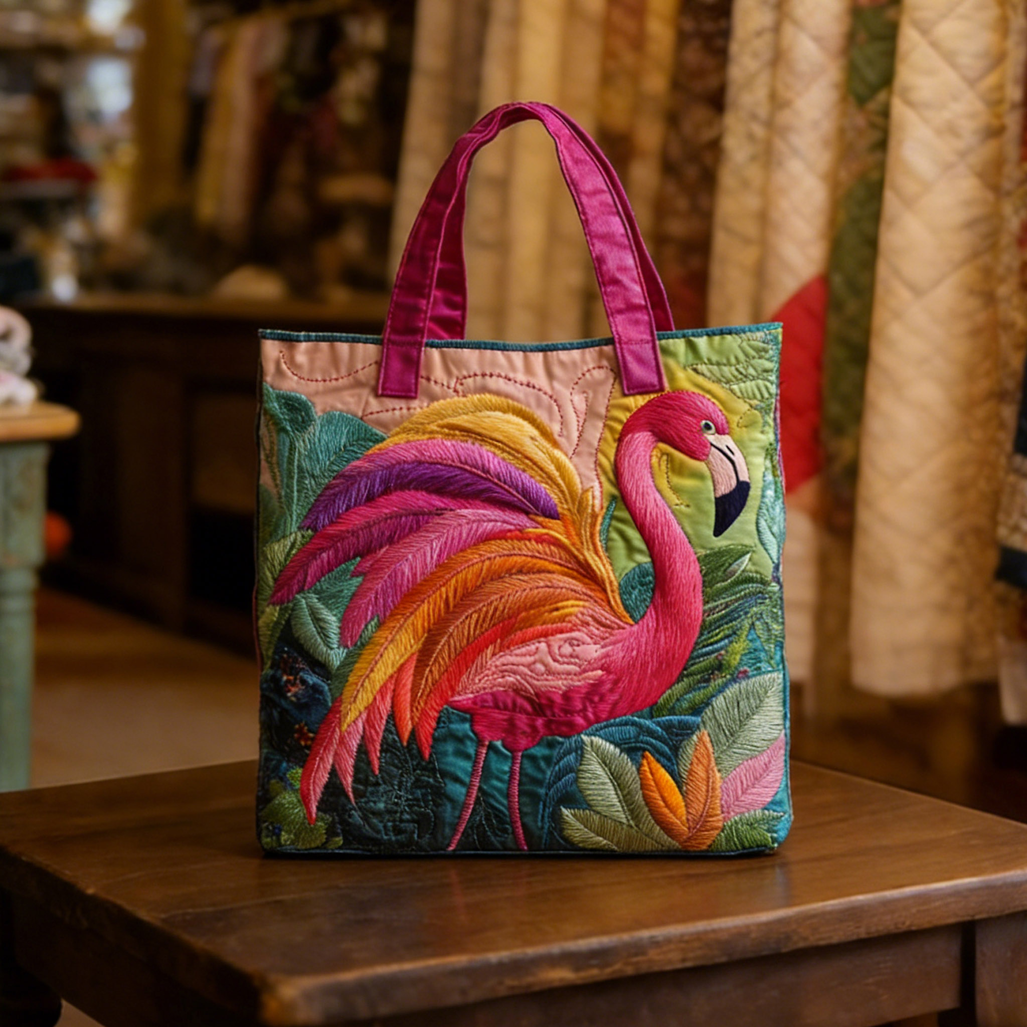 Rainbow Flamingo Charm Handmade Tote Bag