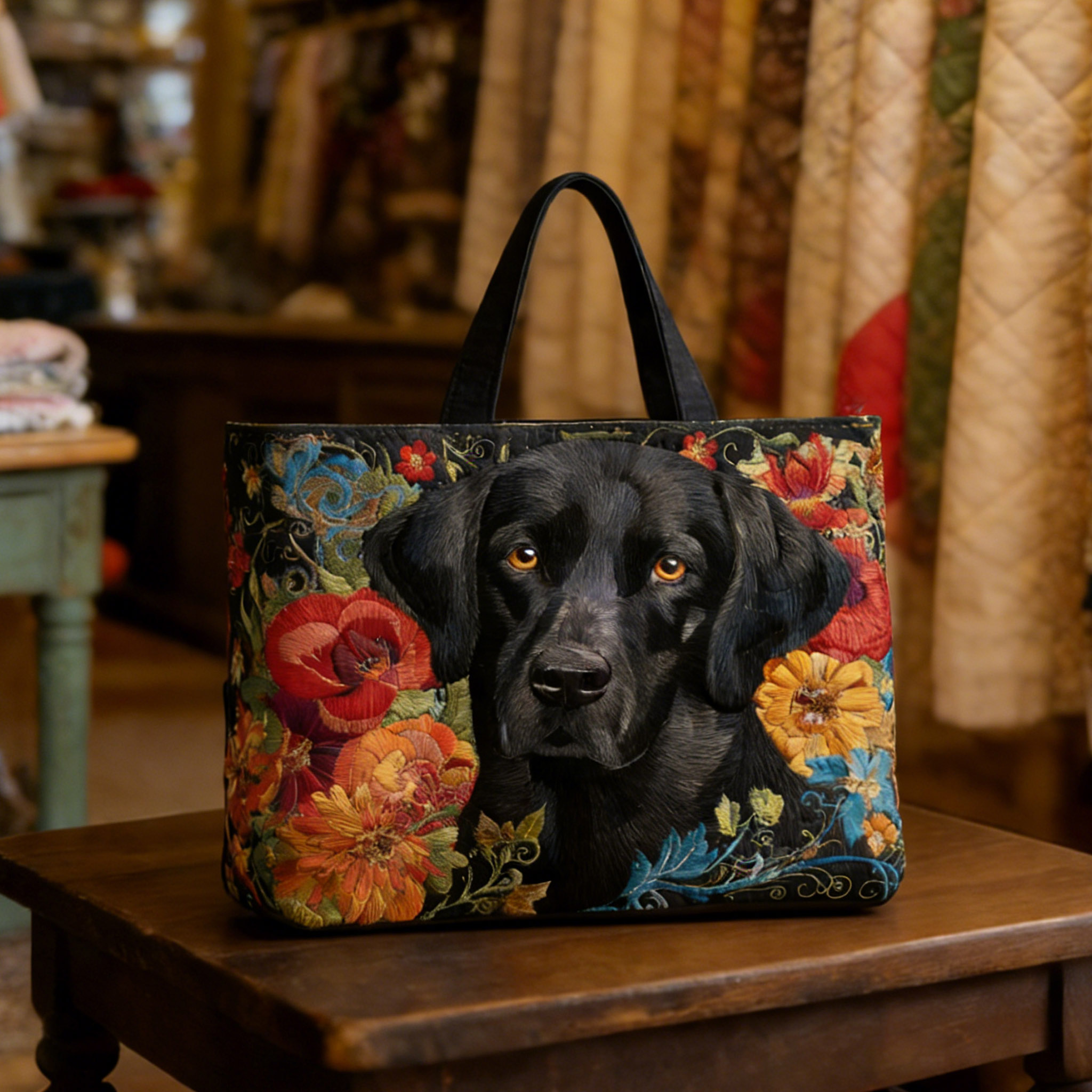 Floral Black Lab Handmade Tote Bag