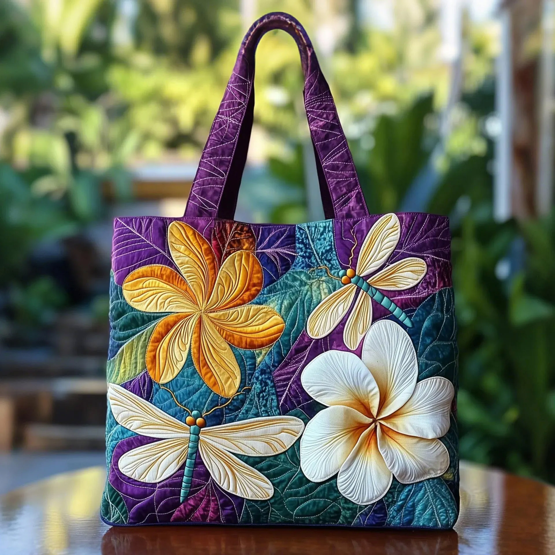 Plumeria Dragonfly Quilted Tote Bag