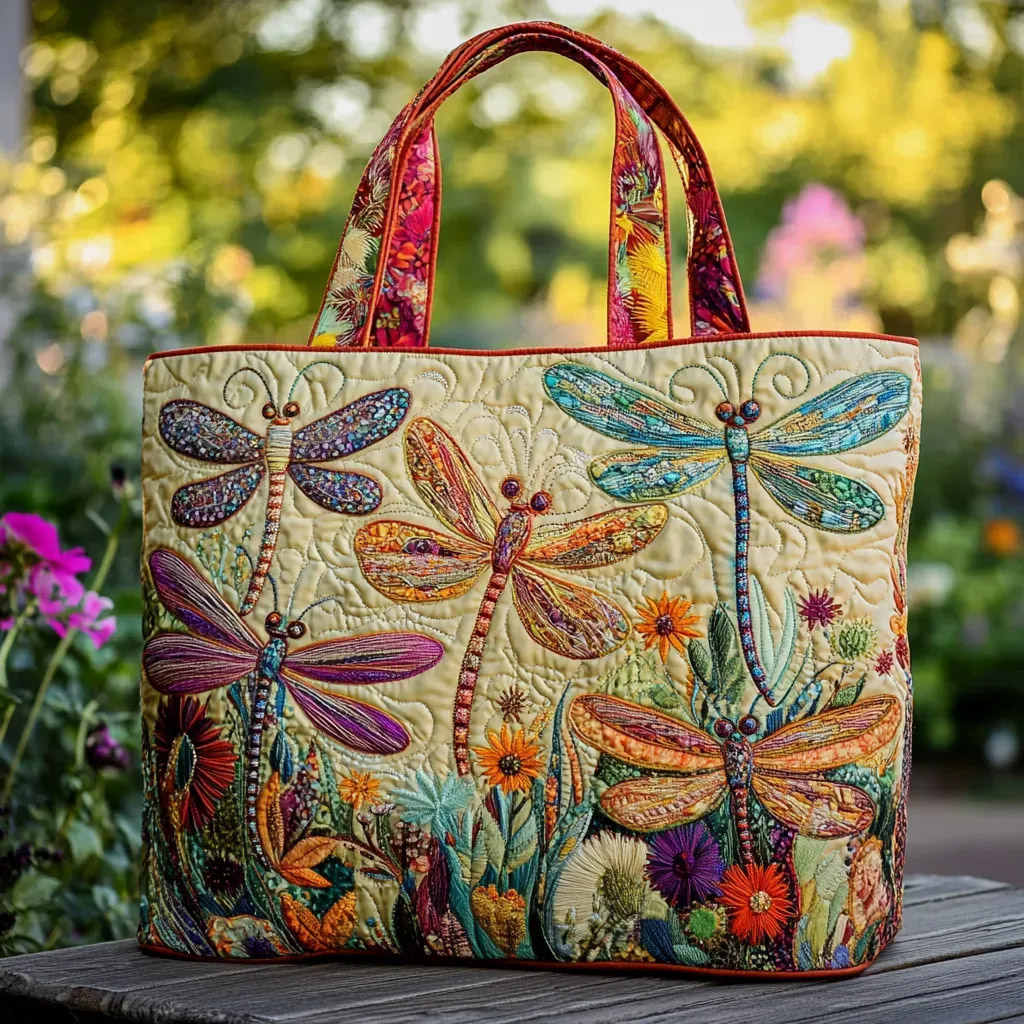 Colorful Dragonflies And Flowers Quilted Handbag
