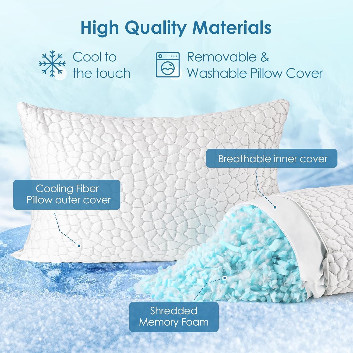 Cooling Pillows Size Set of 2 Shredded Memory Foam Pillows for Side Back Stomach Sleepers, Two-Sided Cool Adjustable Firm or Soft Bed Pillow Luxury Gel Neck Pillow for Neck Shoulder Pain Relie