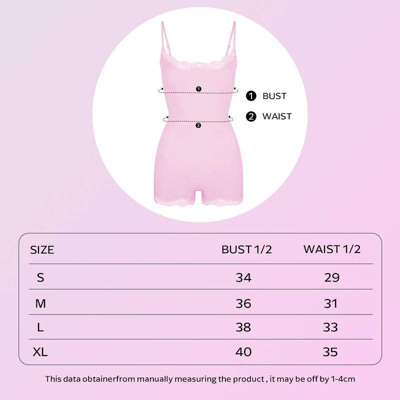 KatchMe Lace Series Women's Spaghetti Strap Lace Trim Breathable Bodysuit, Minimalist Chic Lightweight Playsuit, Seamless Basic Nightdress