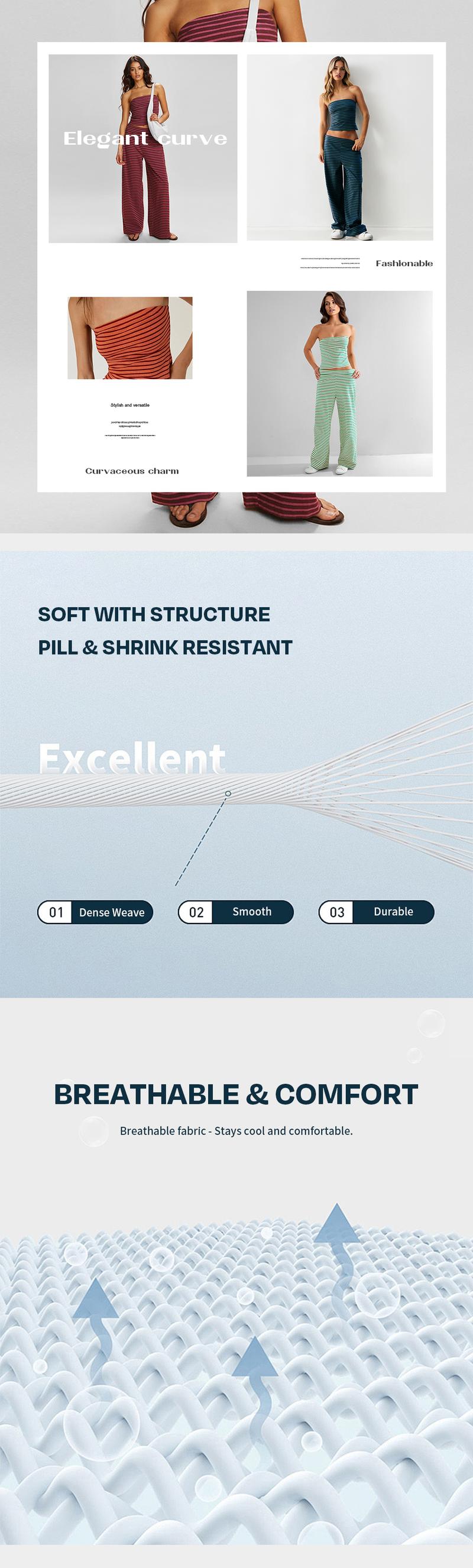 KatchMe Women's Chic Color Matching Stripe Slim Tube Top & Low-Rise Wide Leg Trousers Co-ord, Spring & Summer Holiday Outfits, Comfortable Womenswear