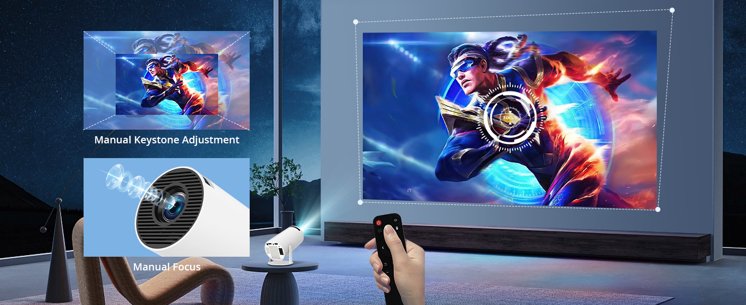 Portable projector displaying colorful gaming image on wall. Features manual keystone adjustment and projection lens. Remote control visible in foreground.