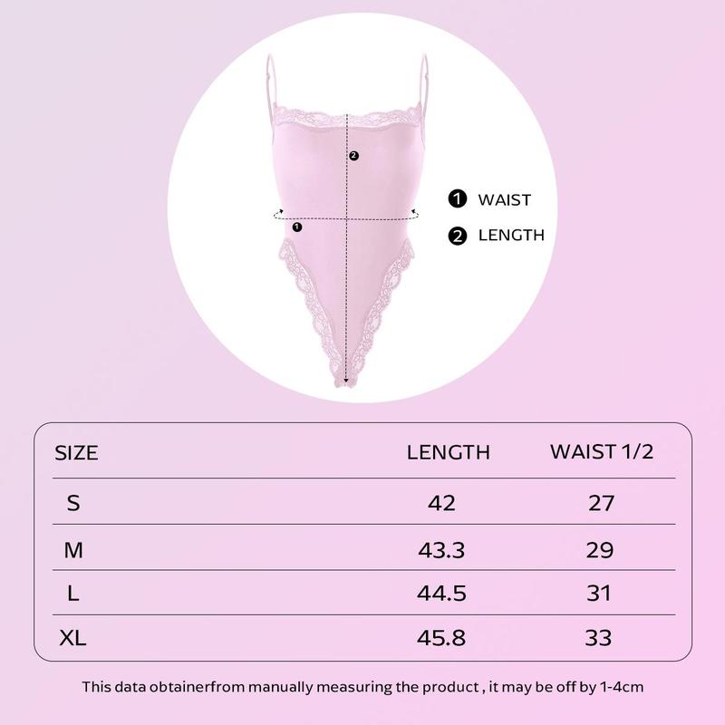 KatchMe Lace Series Women's Spaghetti Strap Lace Trim Breathable Bodysuit, Minimalist Chic Lightweight Playsuit, Seamless Basic Nightdress