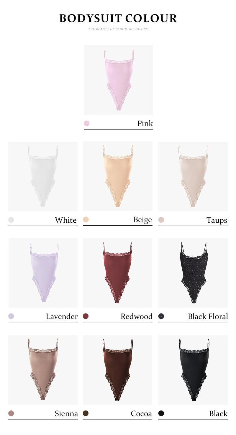 KatchMe Lace Series Women's Spaghetti Strap Lace Trim Breathable Bodysuit, Minimalist Chic Lightweight Playsuit, Seamless Basic Nightdress