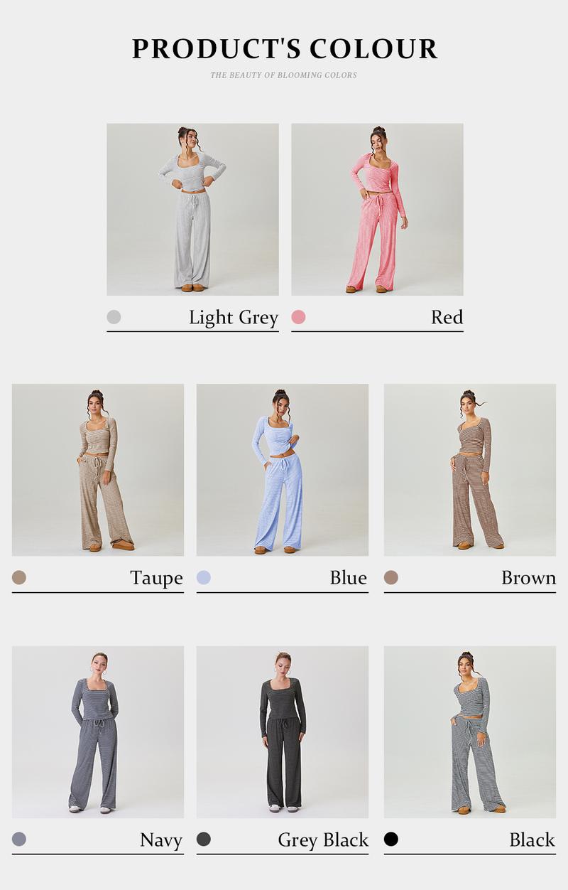 KatchMe Women's Slouchy Square Neck Stripe Long Sleeve Crop Top & Low-Rise Wide Leg Trousers Co-ord, Minimalist Two Piece Outfits, Cozy Womenswear(US/CN)