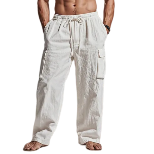 White Linen Blend Cargo Pants
