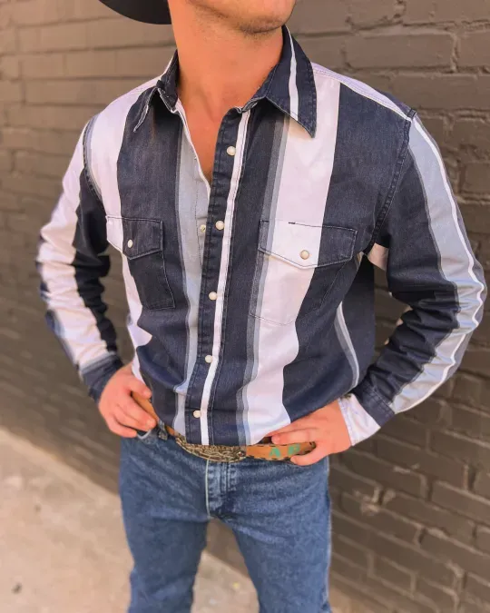 Men's Vintage Navy Striped Long Sleeve Shirt