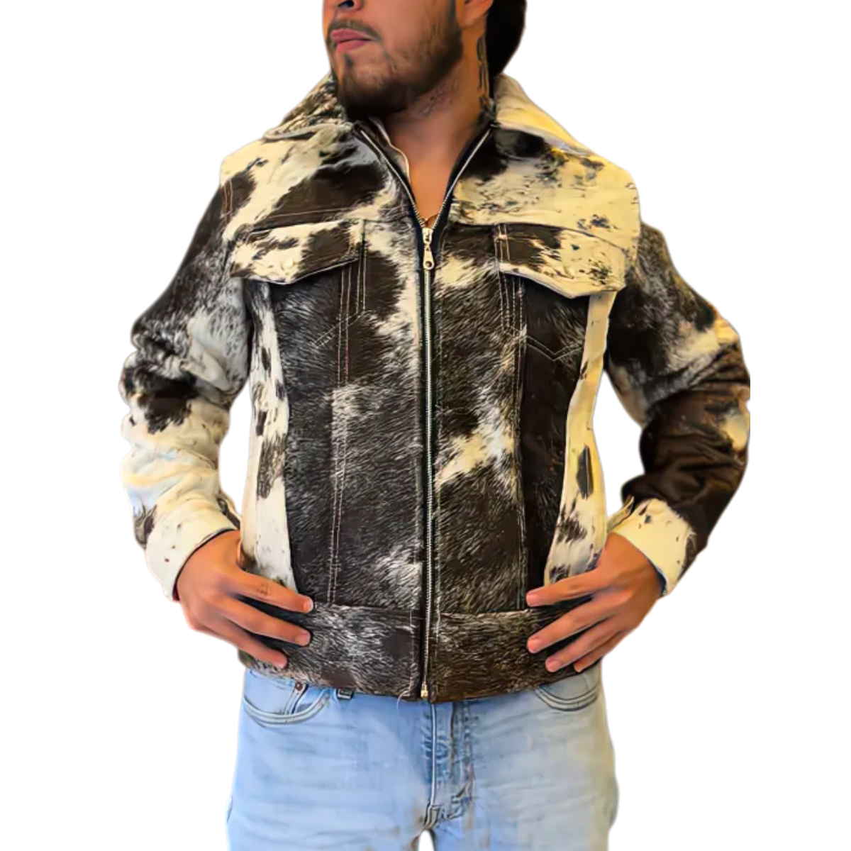 Black and white cow print zip-up jacket