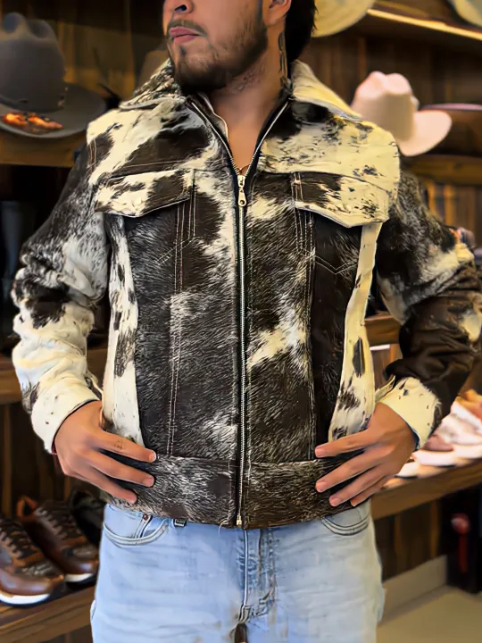 Black and white cow print zip-up jacket