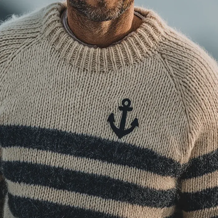 Men's Retro Casual Knitted Anchor Embroidered Crew Neck Sweater