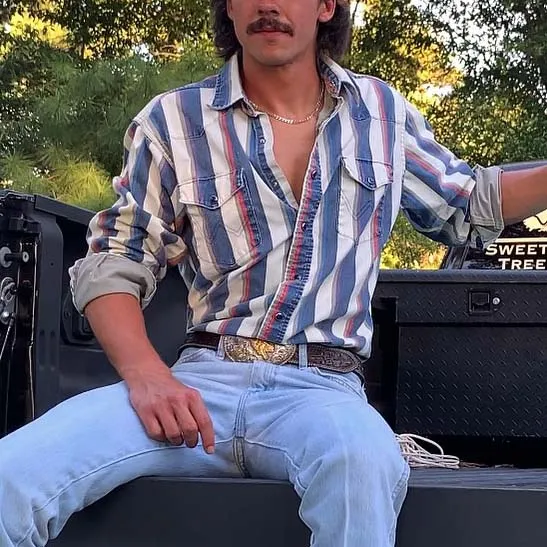 Men's Fashionable Casual Western Blue White Striped Shirt