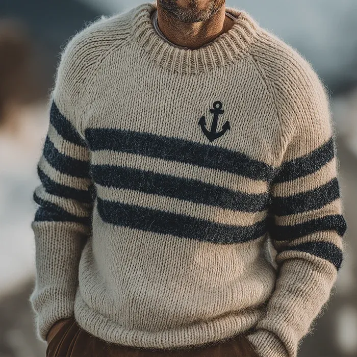 Men's Retro Casual Knitted Anchor Embroidered Crew Neck Sweater