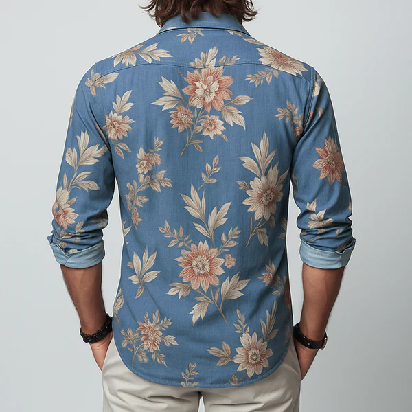 Men's Floral Lapel Chest Pocket Long Sleeve Shirt
