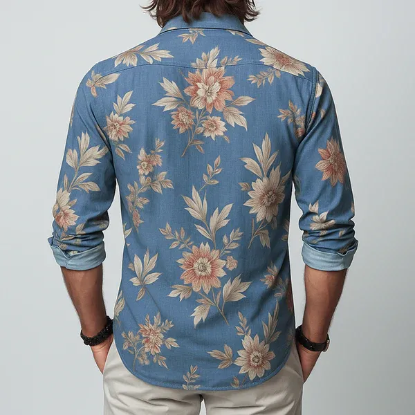 Men's Floral Lapel Chest Pocket Long Sleeve Shirt