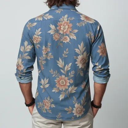 Men's Floral Lapel Chest Pocket Long Sleeve Shirt