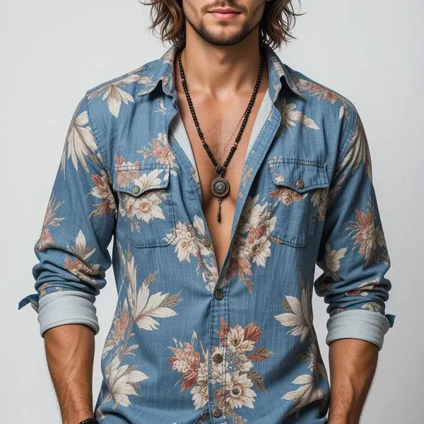 Men's Floral Lapel Chest Pocket Long Sleeve Shirt