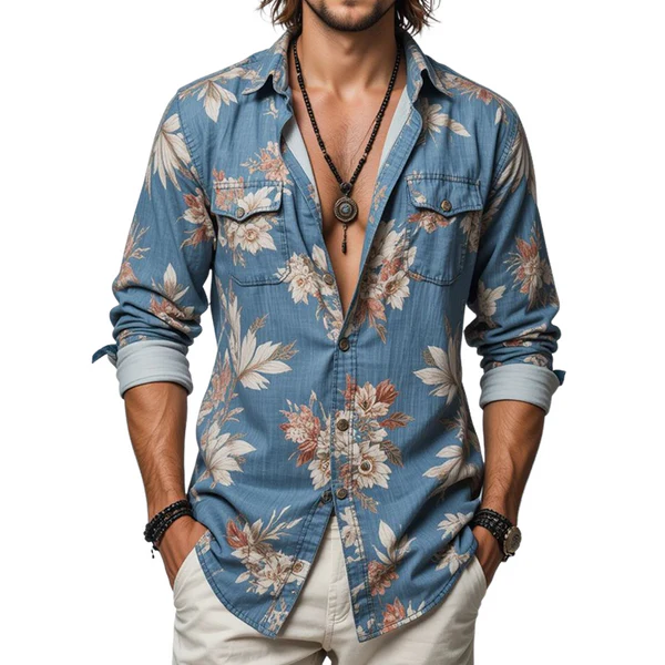 Men's Floral Lapel Chest Pocket Long Sleeve Shirt