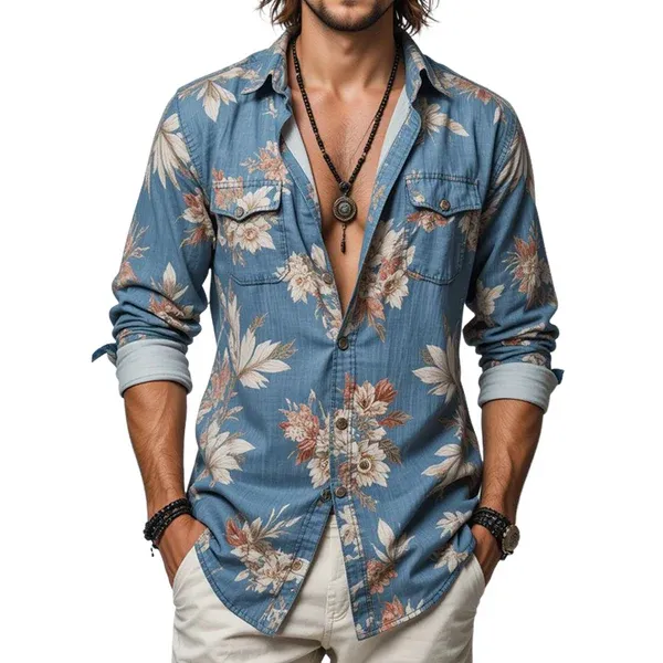 Men's Floral Lapel Chest Pocket Long Sleeve Shirt