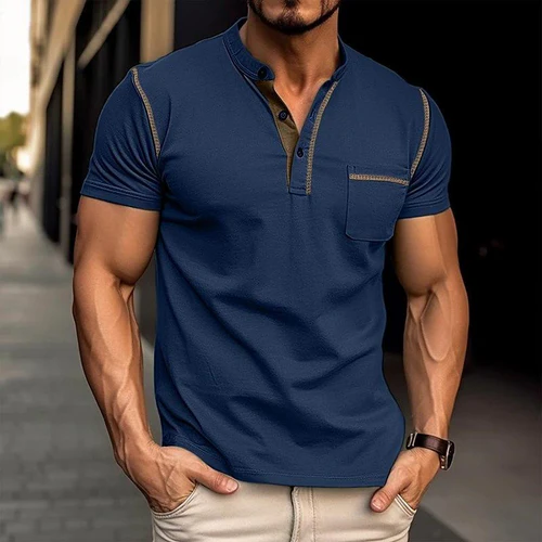 Men's Casual Colorblock Henley Collar Cotton Short Sleeve T-Shirt