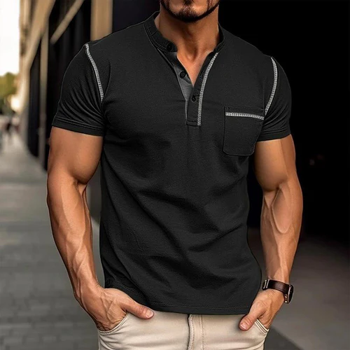 Men's Casual Colorblock Henley Collar Cotton Short Sleeve T-Shirt
