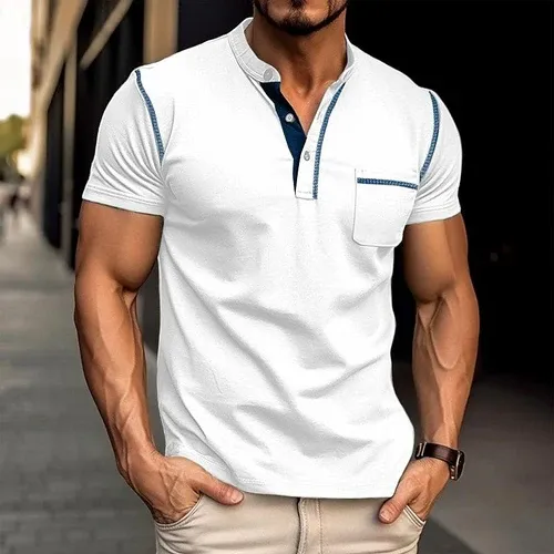Men's Casual Colorblock Henley Collar Cotton Short Sleeve T-Shirt