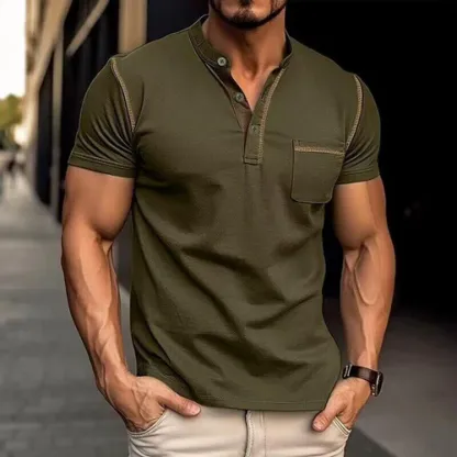 Men's Casual Colorblock Henley Collar Cotton Short Sleeve T-Shirt