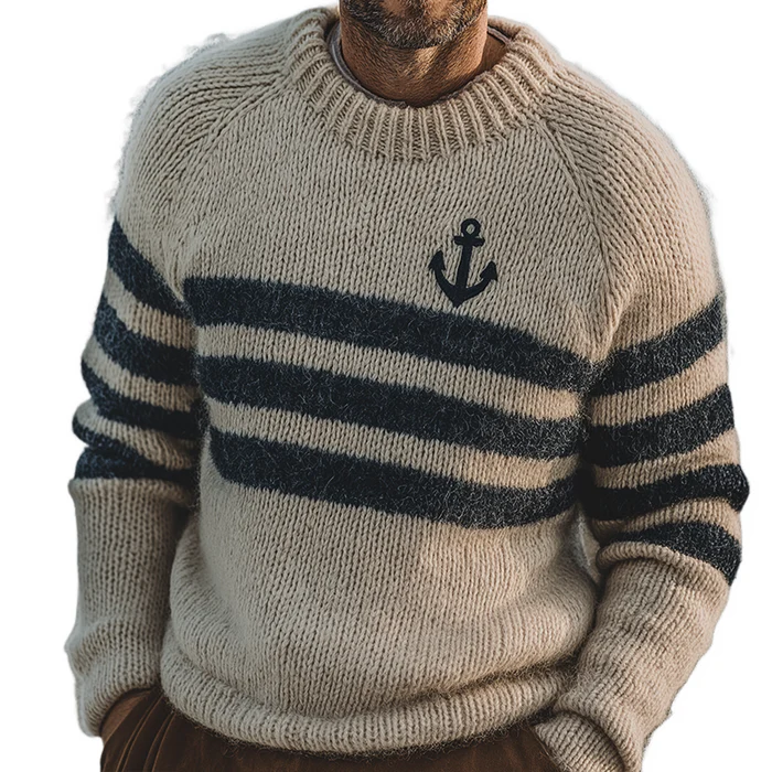 Men's Retro Casual Knitted Anchor Embroidered Crew Neck Sweater