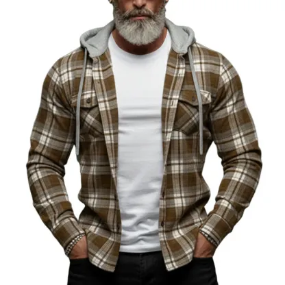 Men's Classic Casual Plaid Cotton Blend Hooded Long-sleeved Shirt