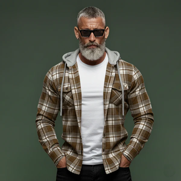 Men's Classic Casual Plaid Cotton Blend Hooded Long-sleeved Shirt