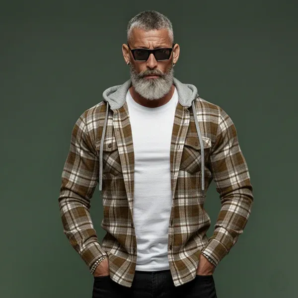 Men's Classic Casual Plaid Cotton Blend Hooded Long-sleeved Shirt