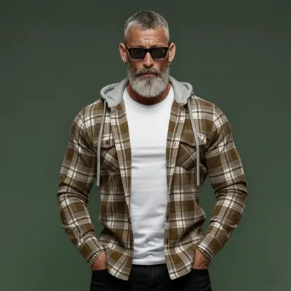 Men's Classic Casual Plaid Cotton Blend Hooded Long-sleeved Shirt