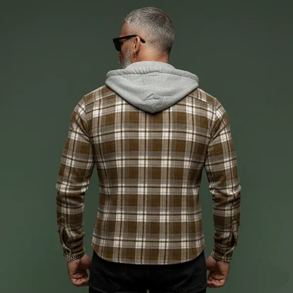 Men's Classic Casual Plaid Cotton Blend Hooded Long-sleeved Shirt