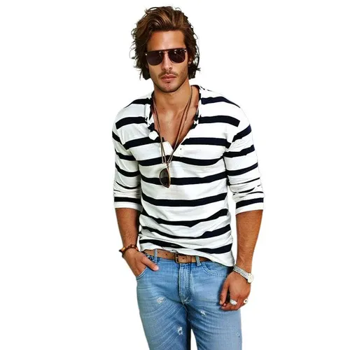 Men's Casual Striped Henley Collar Cotton Blend Long Sleeve T-Shirt
