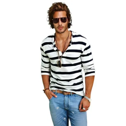 Men's Casual Striped Henley Collar Cotton Blend Long Sleeve T-Shirt