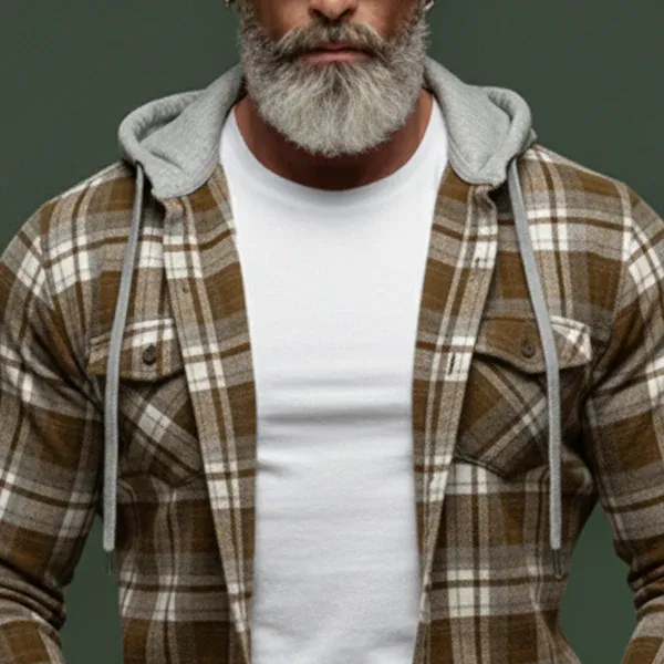 Men's Classic Casual Plaid Cotton Blend Hooded Long-sleeved Shirt