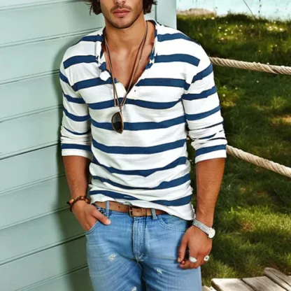 Men's Casual Striped Henley Collar Cotton Blend Long Sleeve T-Shirt