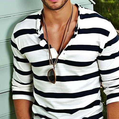 Men's Casual Striped Henley Collar Cotton Blend Long Sleeve T-Shirt