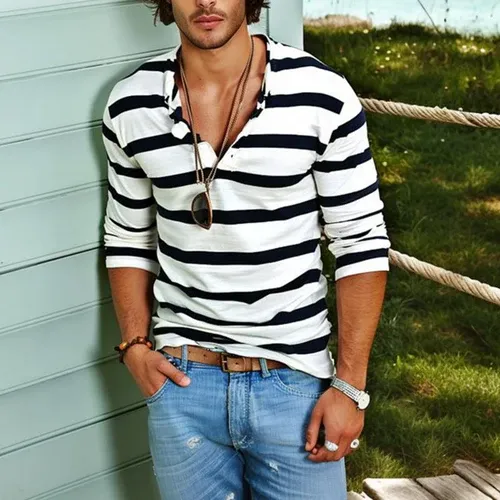 Men's Casual Striped Henley Collar Cotton Blend Long Sleeve T-Shirt