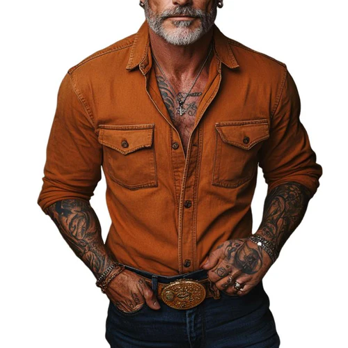 Men's Retro Casual Solid Pocket Long Sleeve Shirt