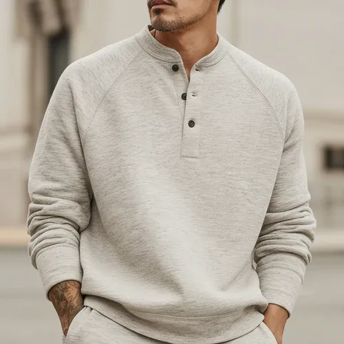 Men's Urban Casual Three-button Henley Neck Solid Color Sweatshirt