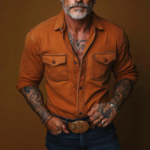 Men's Retro Casual Solid Pocket Long Sleeve Shirt