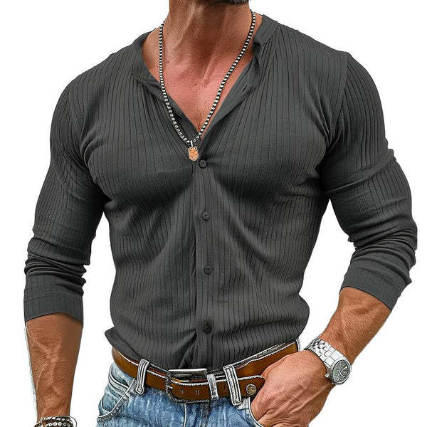 Men's Solid Color Striped Round Neck Long Sleeve Shirt