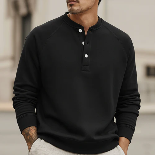 Men's Urban Casual Three-button Henley Neck Solid Color Sweatshirt