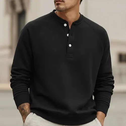 Men's Urban Casual Three-button Henley Neck Solid Color Sweatshirt