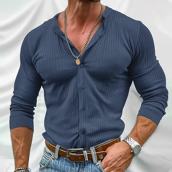 Men's Solid Color Striped Round Neck Long Sleeve Shirt