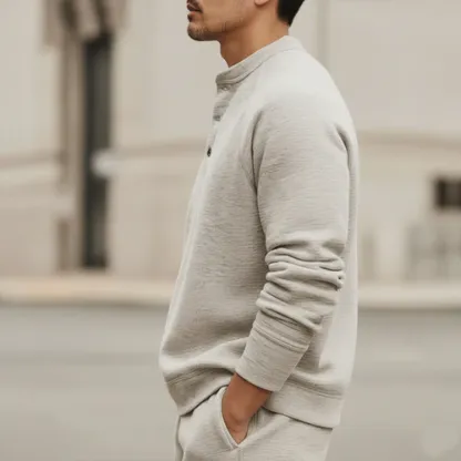 Men's Urban Casual Three-button Henley Neck Solid Color Sweatshirt